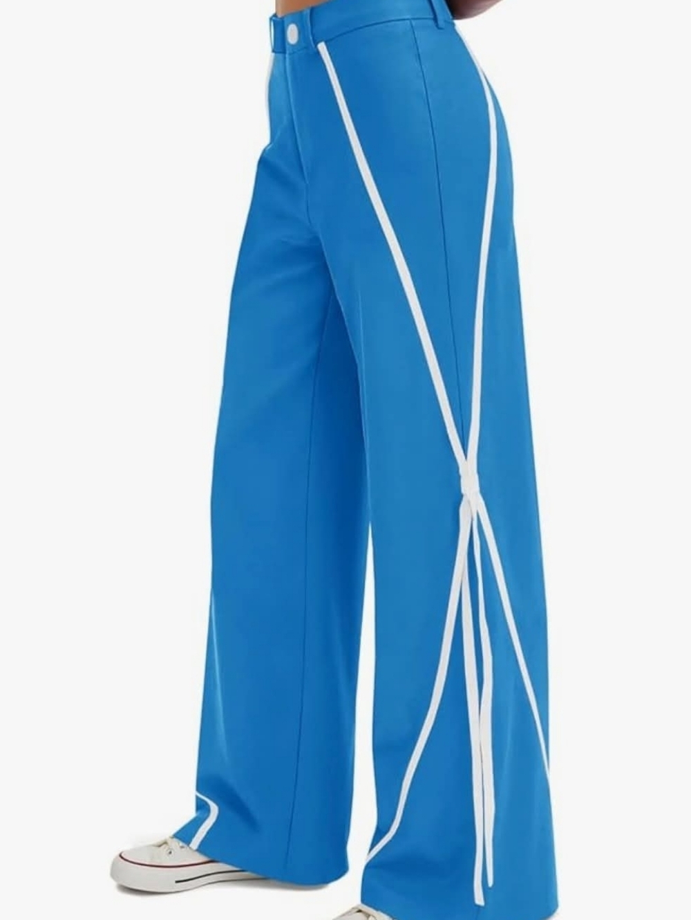Women’s Blue Wide-Leg Pants with White Tie Detail